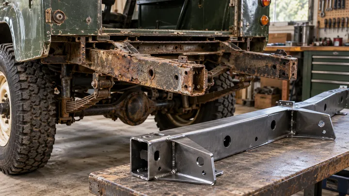 A corroded vehicle chassis beside a clean replacement steel crossmember in a workshop.