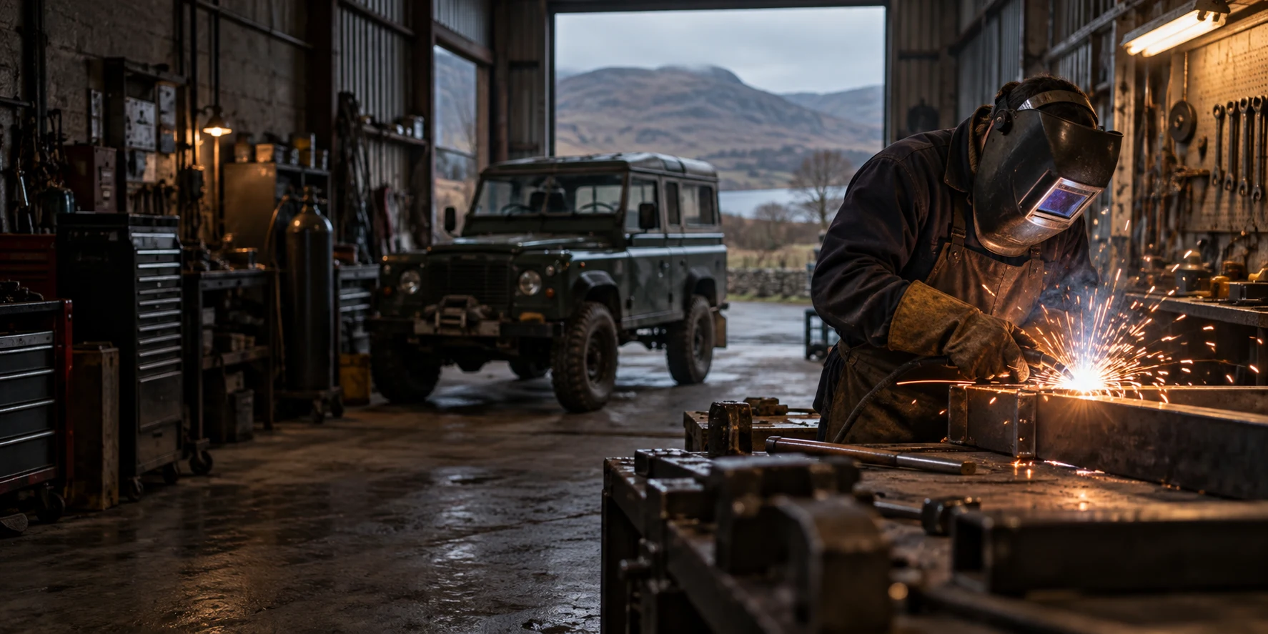 A welder working on metal beside a Land Rover inside a workshop.